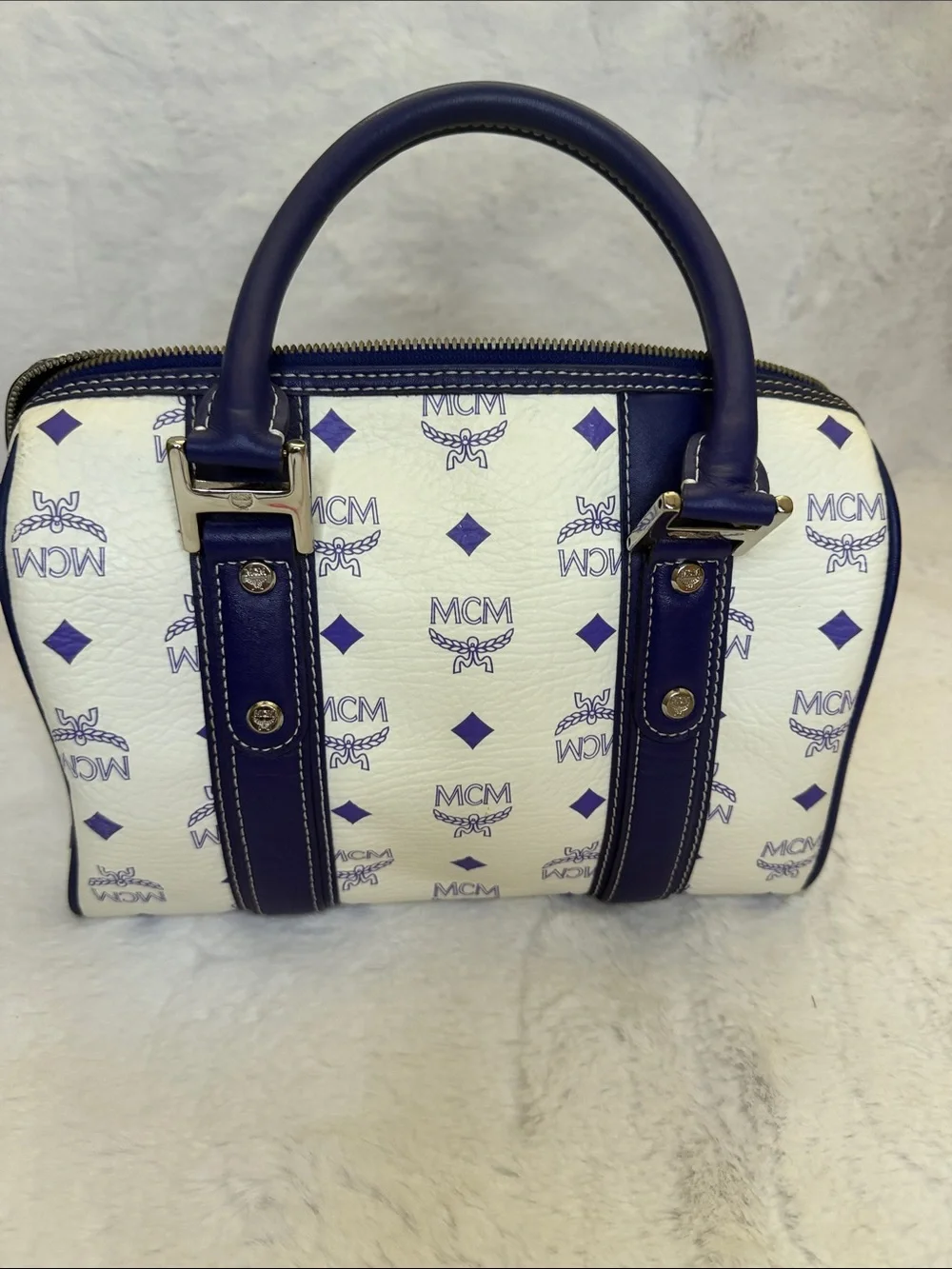 MCM White & Purple Visetos Boston Satchel with Silver Hardware